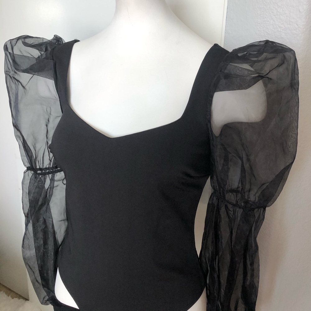 Organza Puff Long Sleeve Thing Bodysuit Top - Picture 3 of 6